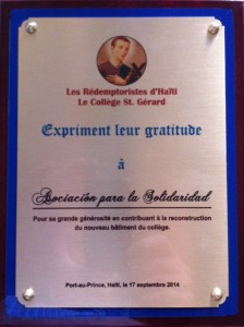 Placa de agradecimiento a AS del Colegio San Gerardo de Puerto Príncipe (Haití)